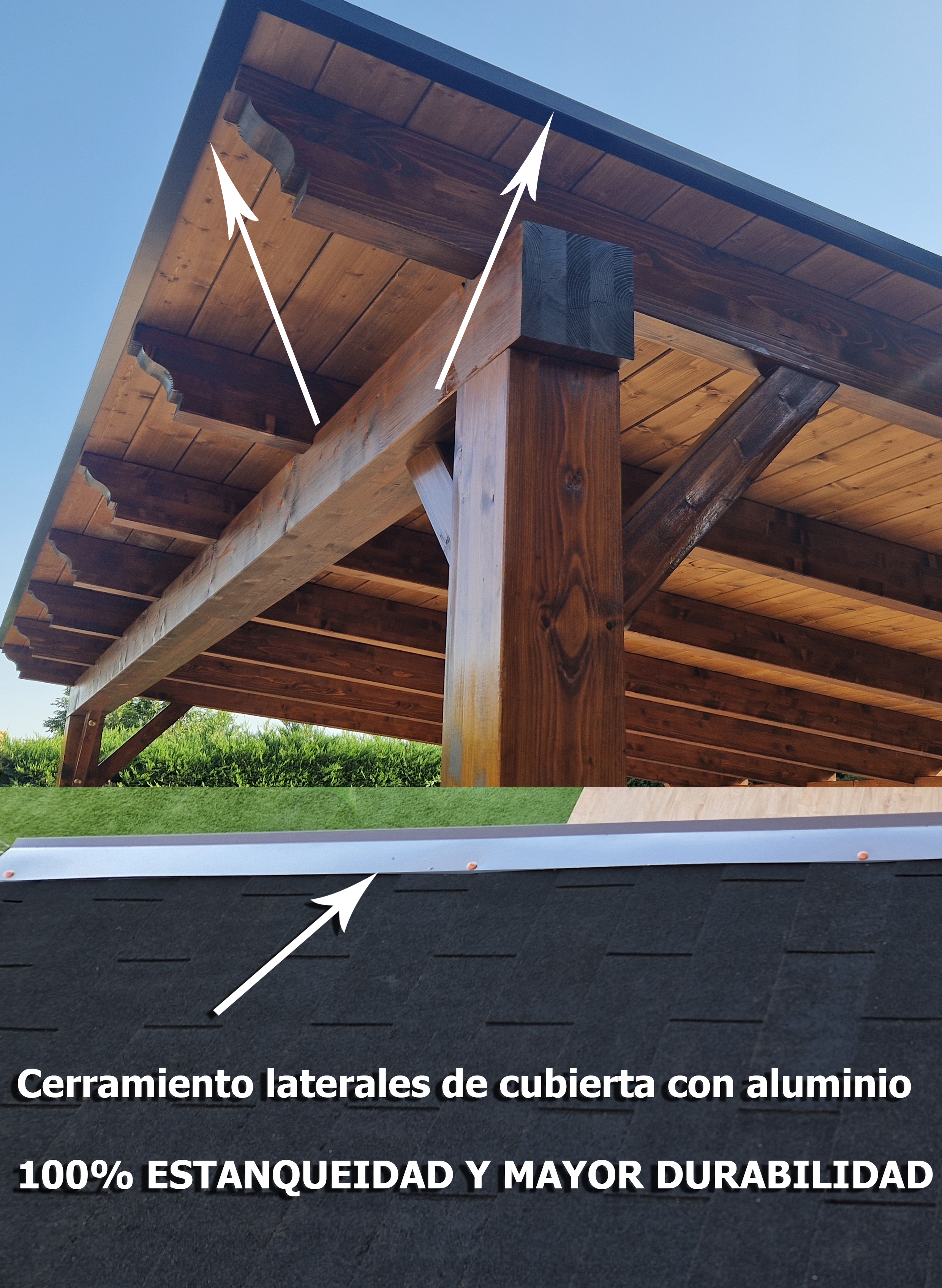 Cenador de madera con refuerzo laterales en aluminio
