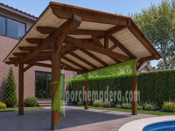 Cenador de madera con alero delentero para mayor amplitud visual