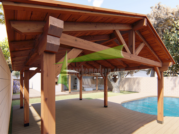 Cenador de madera a dos aguas con seis pilares de madera laminada