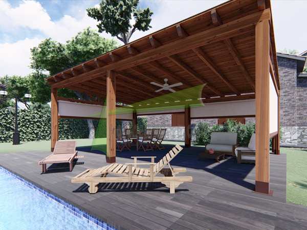 Cenador de madera junto a una piscina