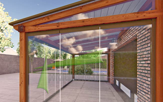 porche de madera con cortinas de cristal 