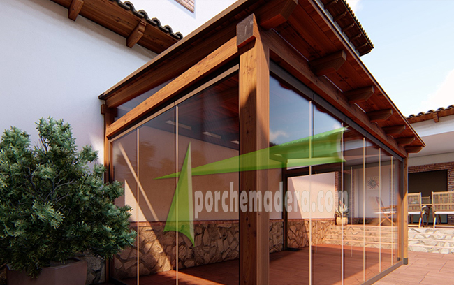 porche de madera con cerramiento de cristal 