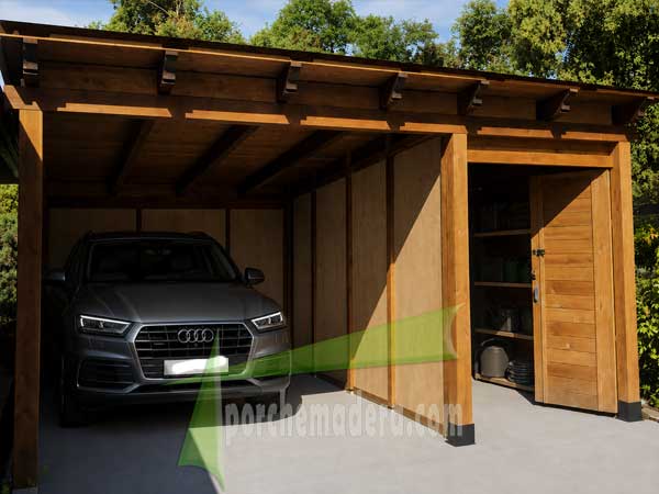 Garaje de madera con trastero integrado para un coche