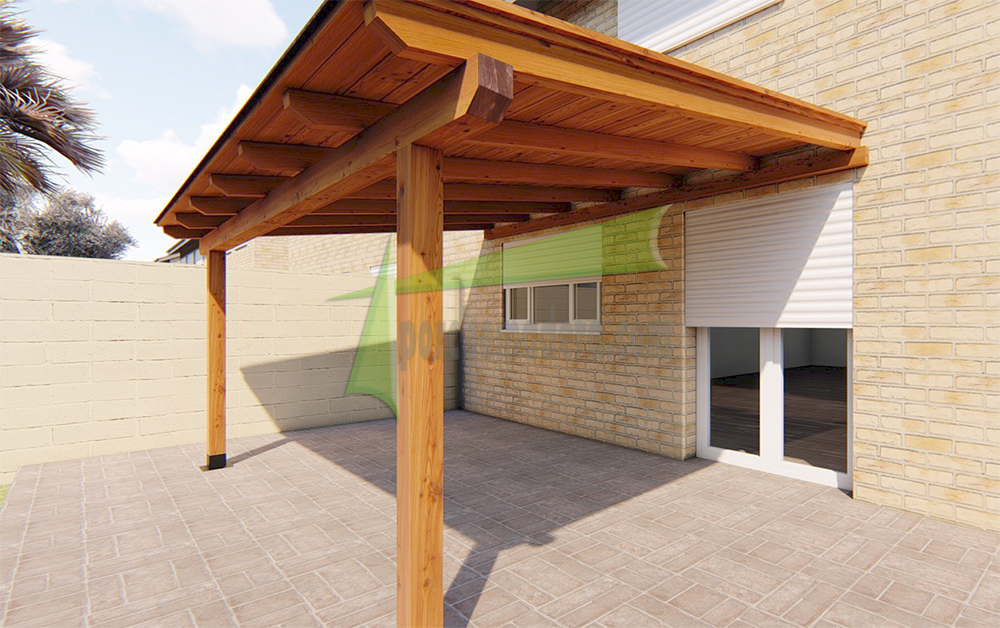 Porche de madera adosado con cubierta de 550 x 350 cm