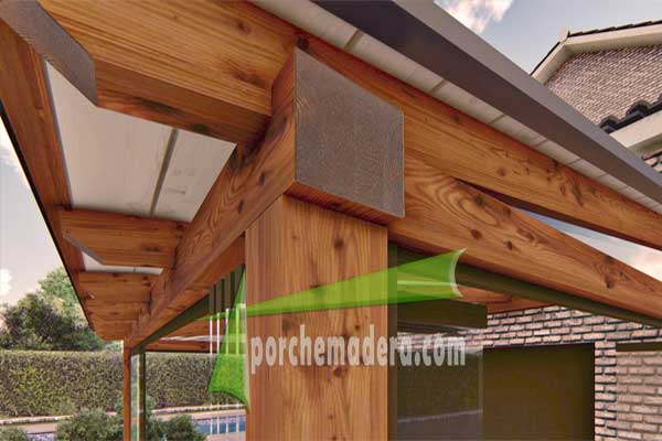 Detalle de asiento cajeado de apoyo sobre durmiente en porche de madera