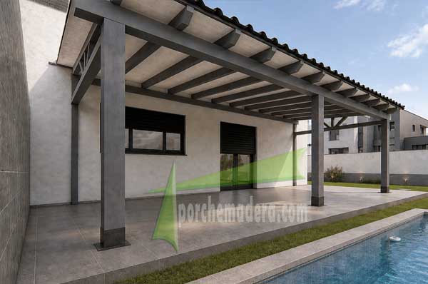 Porche de madera moderno bicolor adosado a la vivienda con tres pilares